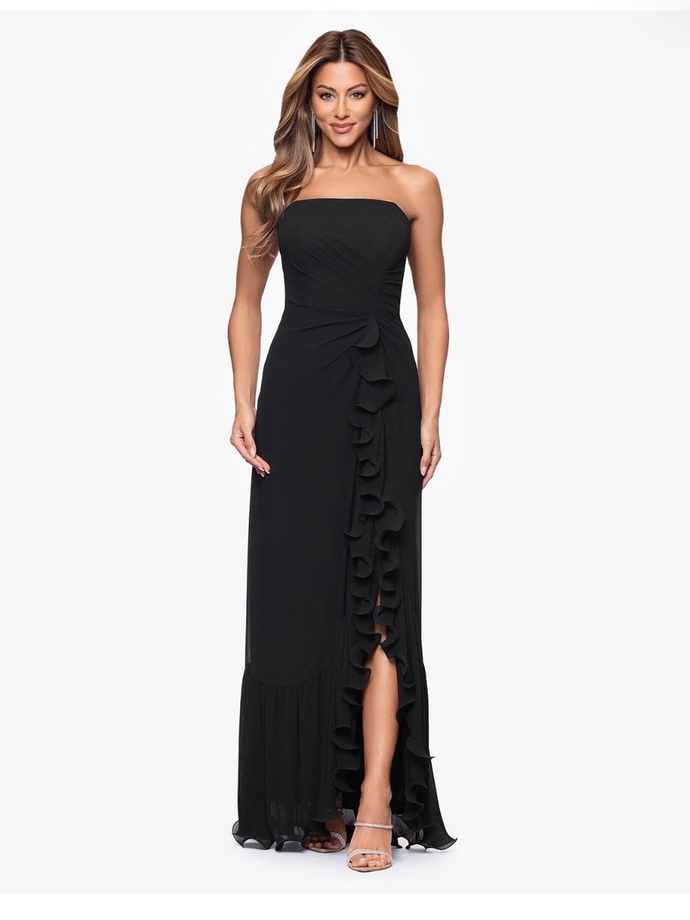 Xscape Strapless Black Ruffle-Front Maxi Gown